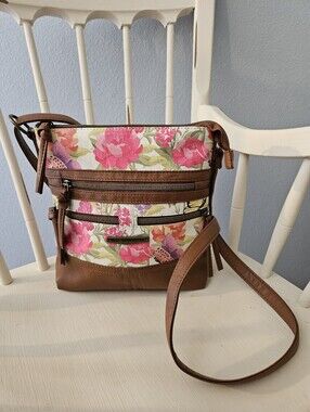 Stone Mountain Accessories Floral Satchel with Brown Trim and Pink Flowers